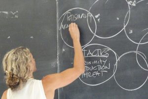 Carrie Hanson writes on chalkboard