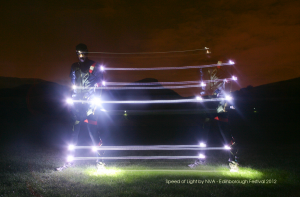 Man standing on grass outside at twilight with lights glowing on his arms and legs. Image manipulated to indicate motion
