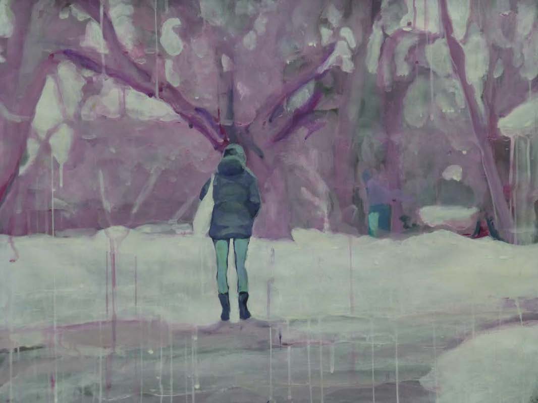 painting of the back of a woman looking at purple trees