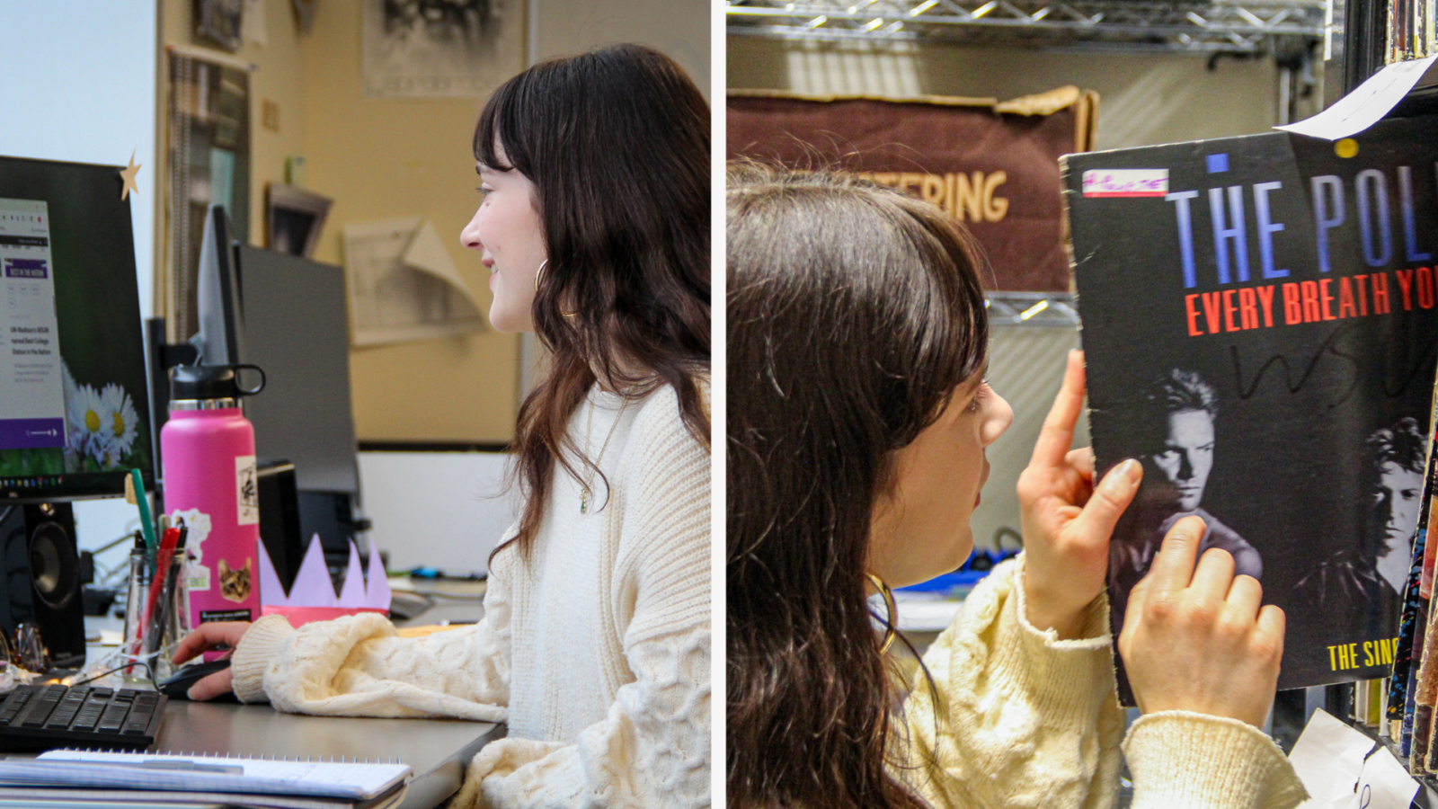 WSUM Music Director Allison Lukas at her desk and in the album archive. (Photo by Ted Hyngstrom / Division of the Arts)