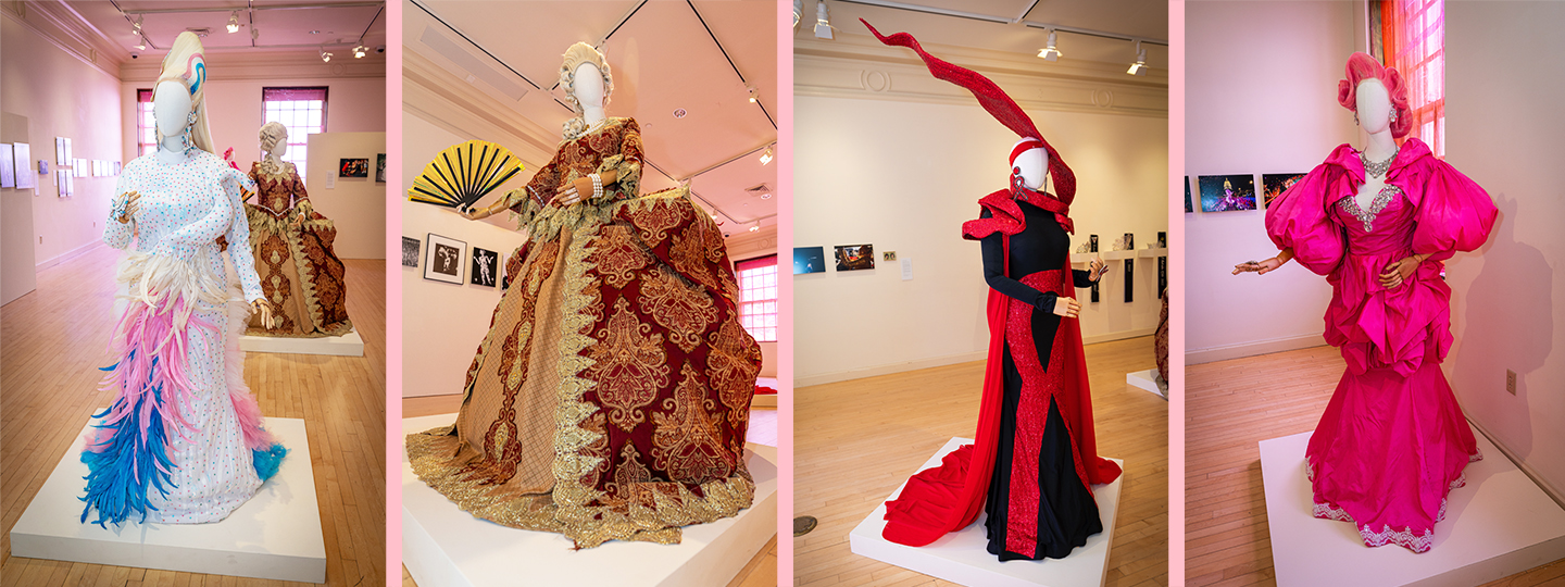 Four side by side shots of each mannequin wearing a special gown.