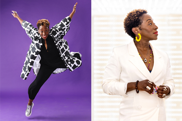 Two shots stitched side by side, both of the same woman. On the left she is mid-dance move and on the right she is posed in a white dress suit against a white background.