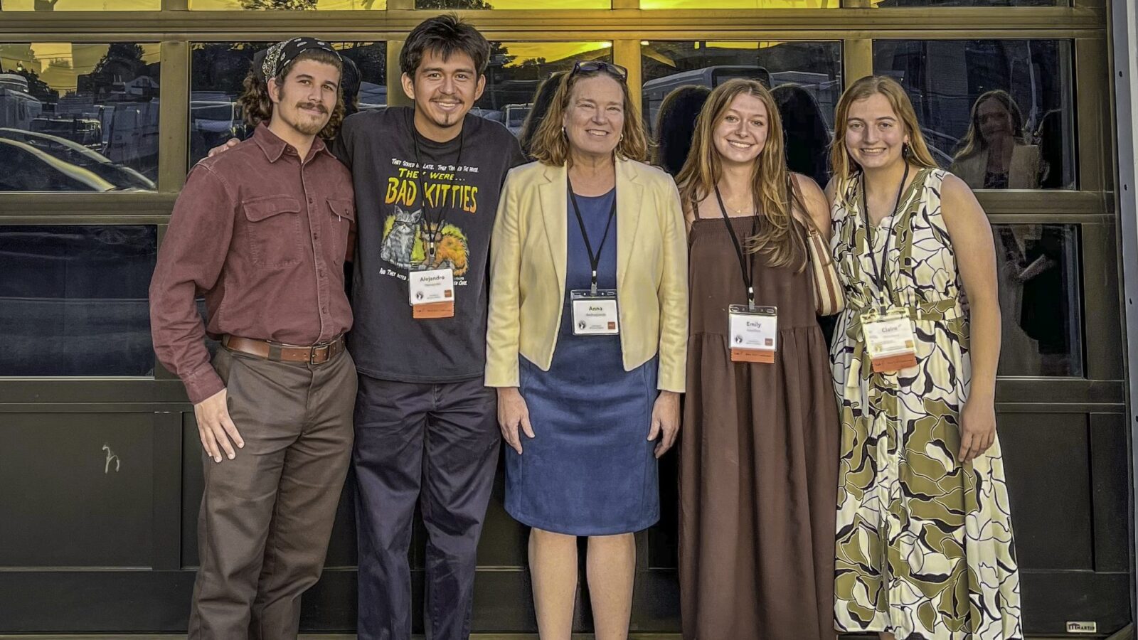 Prof. Anna Andrzejewski (at center) with all four UW–Madison student ambassadors at closing night of the conference. Pictured L-R Jack Taylor, Alejandro Hernandez, Emily Hamilton and Claire Wendland. Photo courtesy of Andrzejewski