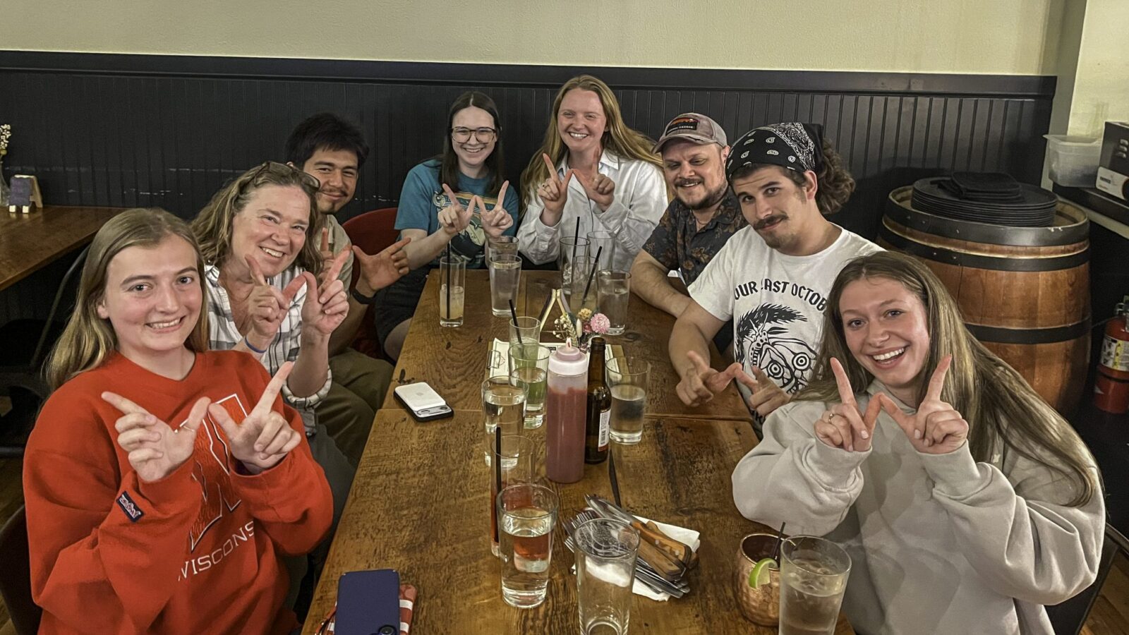 Three of Prof. Anna Andrzejewski’s graduate students who presented at the conference joined her and all four undergraduate ambassadors for dinner in downtown Walla Walla. From left to right: Claire Wendland, Anna Andrzejewski, Alejandro Hernandez, Sophie Applegate, Laken Sylvaner, Travis Olson, Jack Taylor, Emily Hamilton. Photo courtesy of Andrzejewski
