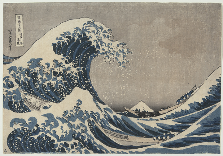The Great Wave by Katsushika Hokusai, a famous woodblock print depicting a huge wave about to crash over two boats filled with people, with Mount Fuji visible in the distance