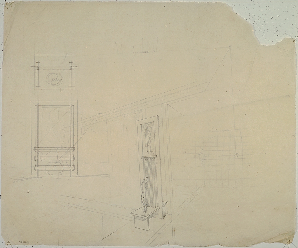 an architectural pencil sketch of an art frame on tracing paper with roughly torn edges