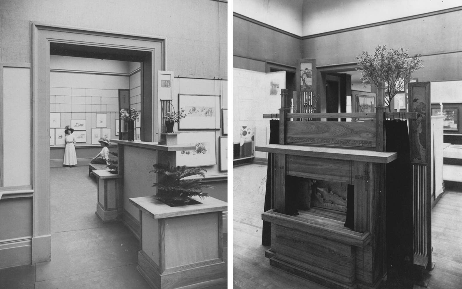 two black and white photographs from the early 1900s show these frames displayed in a museum-like setting
