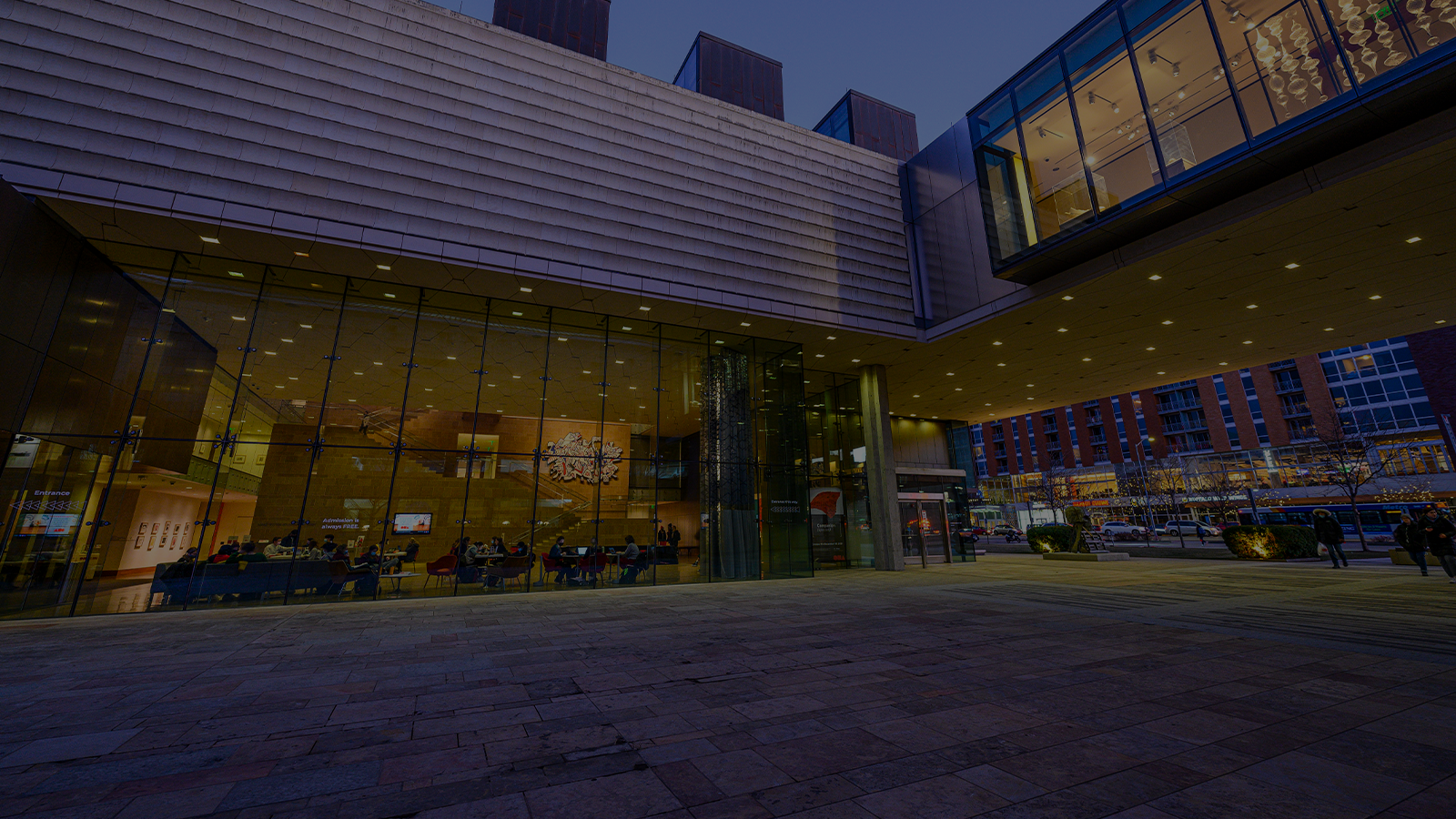 exterior of the Chazen Museum of Art at dusk